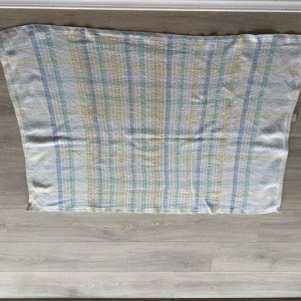 Beacon Vintage Baby Blanket Pastel Plaid Stripe Knit Waffle Weave USA 43” X 30”